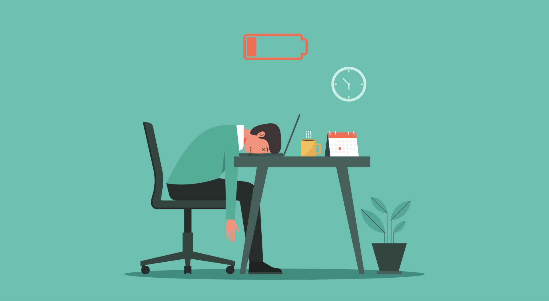 Professional burnout syndrome concept. Tired or exhausted man with low energy battery sitting at the office and working on laptop computer in workplace, vector illustration