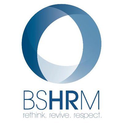 A blue and white logo of bshrm