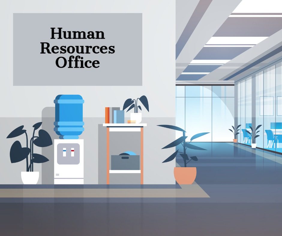 A cartoon of an office with the words human resources office on it.