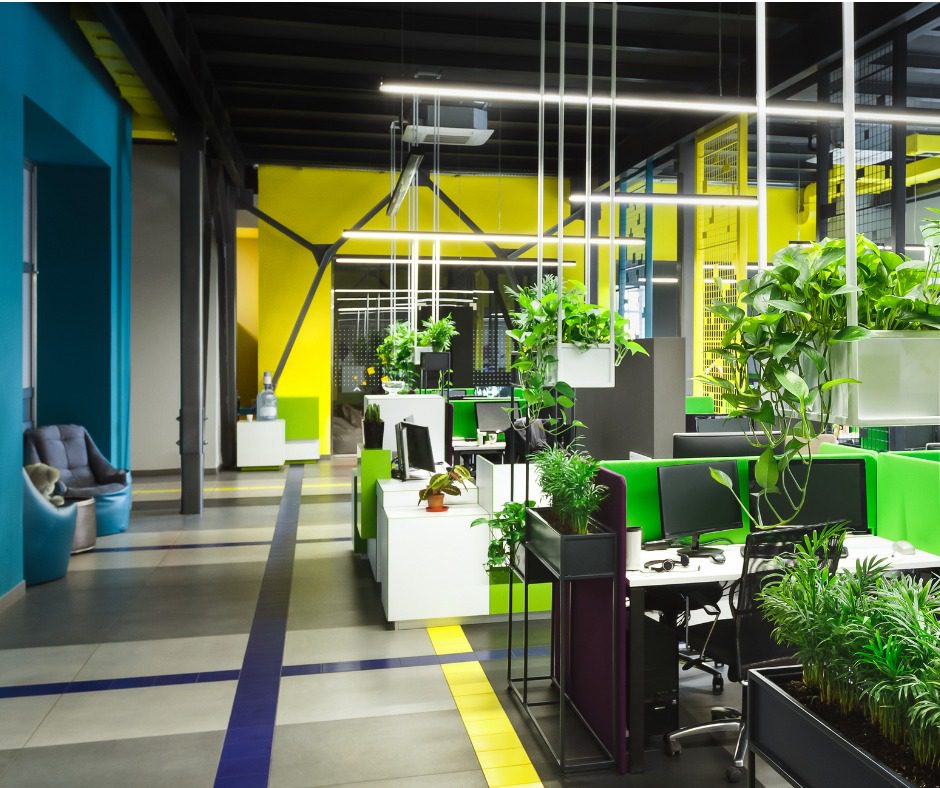 Modern office with green plants and blue accents.