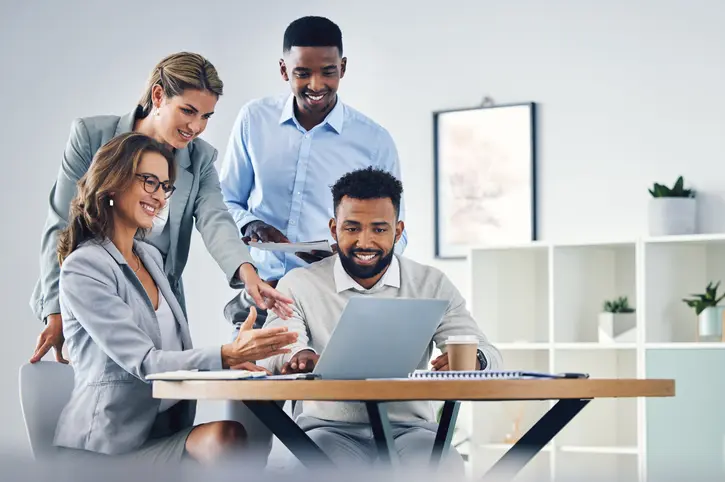 Laptop ppt presentation, business meeting and team working on review for new digital website design, planning group marketing strategy. Diversity corporate people in collaboration for online project